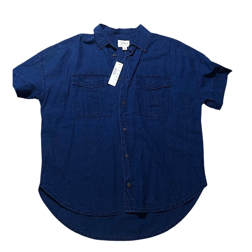 J.Crew Linen Cotton Short Sleeve Button Down Shirt Indigo Blue H6504 XS New